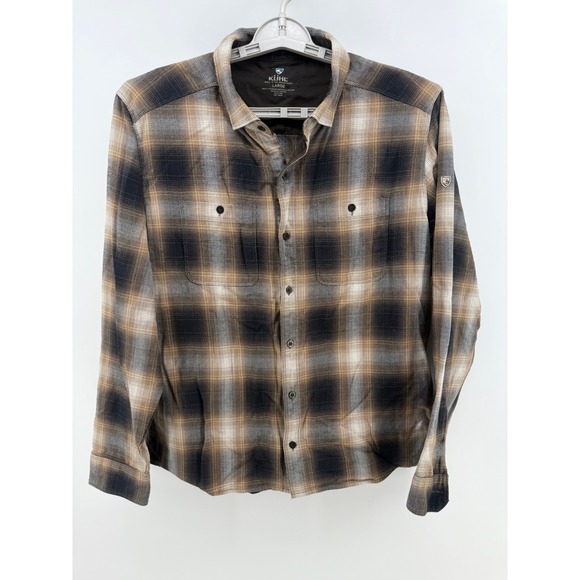 Kuhl Mens L The Law Flannel Shirt Long Sleeve Button Up Plaid Brown Black - Picture 1 of 7